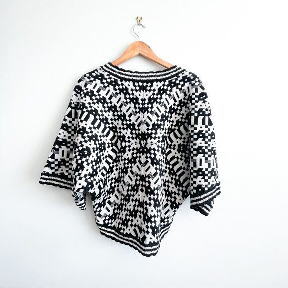 Moda International Black White Sweater Wool Blend Geometric V-Neck Women's S - Picture 2 of 8